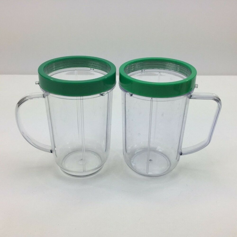 NutriBullet Replacement Clear 32 Oz Tall Cups With Handles & Green Lip Rings Set